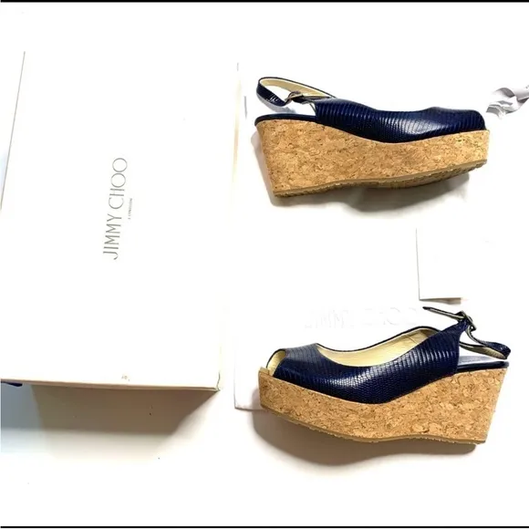 Jimmy Choo Blue Glossy Peep-Toe Heels