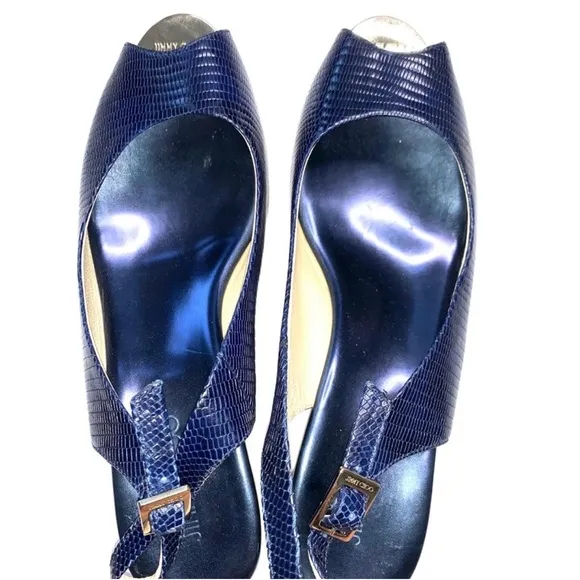 Jimmy Choo Blue Glossy Peep-Toe Heels