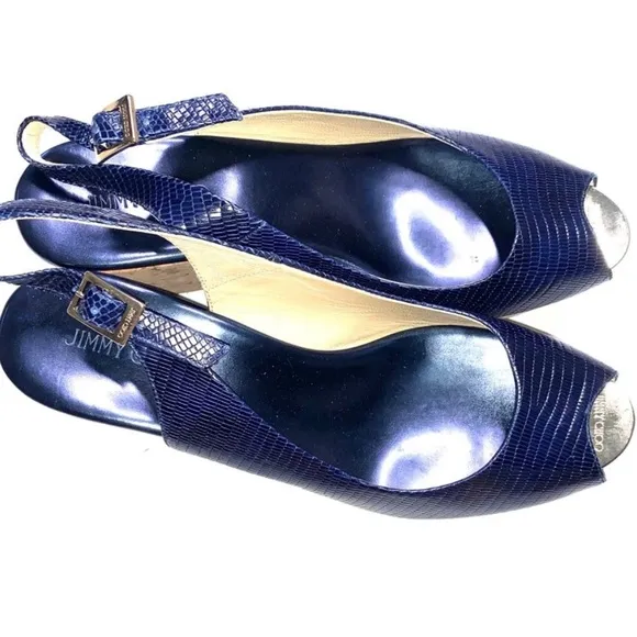 Jimmy Choo Blue Glossy Peep-Toe Heels