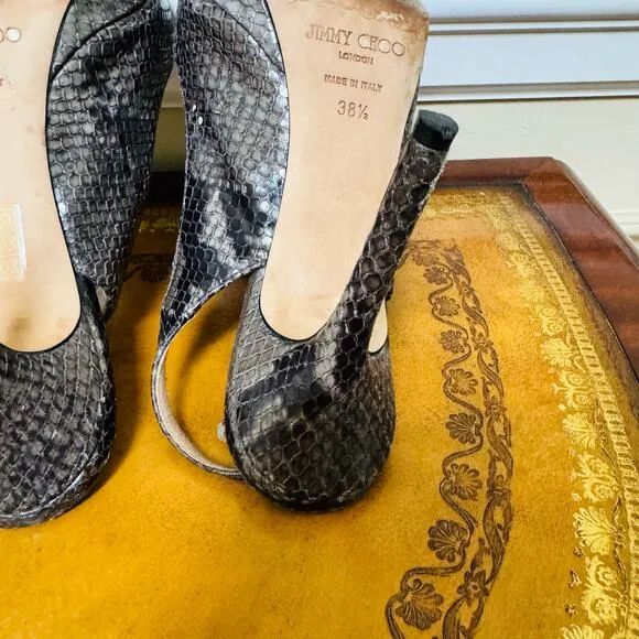 Jimmy Choo Clue Snakeskin Python Leather Slingback Platform Heels Nude Sz 38 1/2