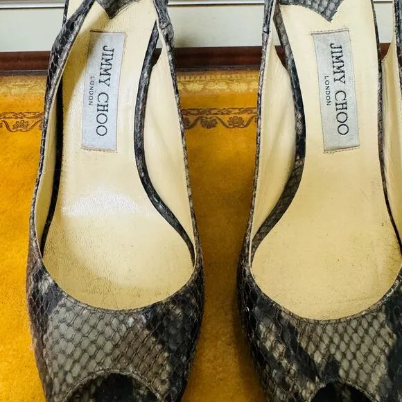 Jimmy Choo Clue Snakeskin Python Leather Slingback Platform Heels Nude Sz 38 1/2