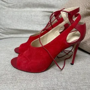 Jimmy Choo Heels EU 37.5 US 7 Macaw Pumps Suede Lace Up Slingback Red Classic