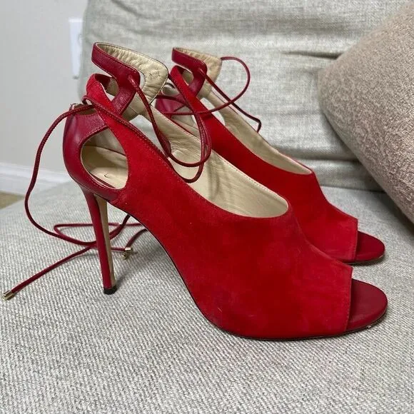 Jimmy Choo Heels EU 37.5 US 7 Macaw Pumps Suede Lace Up Slingback Red Classic