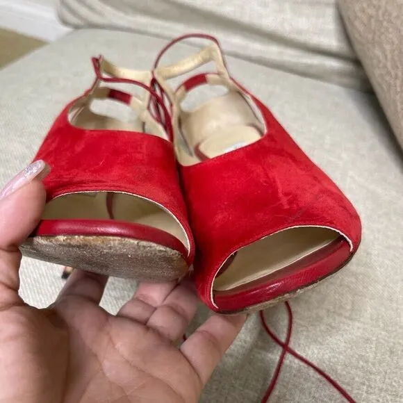 Jimmy Choo Heels EU 37.5 US 7 Macaw Pumps Suede Lace Up Slingback Red Classic