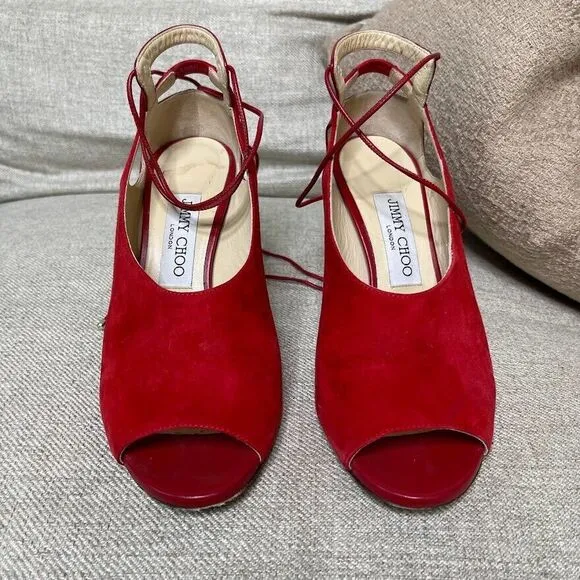 Jimmy Choo Heels EU 37.5 US 7 Macaw Pumps Suede Lace Up Slingback Red Classic