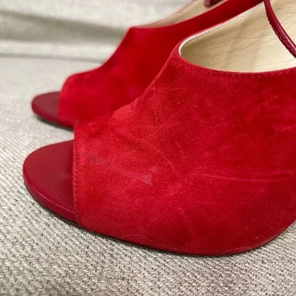 Jimmy Choo Heels EU 37.5 US 7 Macaw Pumps Suede Lace Up Slingback Red Classic