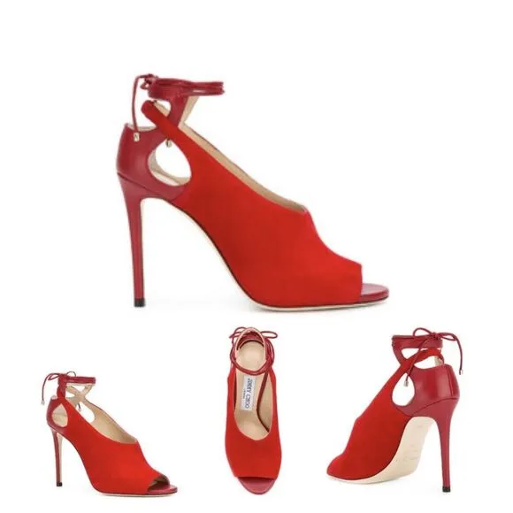 Jimmy Choo Heels EU 37.5 US 7 Macaw Pumps Suede Lace Up Slingback Red Classic