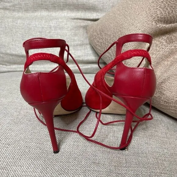 Jimmy Choo Heels EU 37.5 US 7 Macaw Pumps Suede Lace Up Slingback Red Classic
