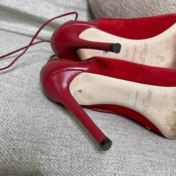 Jimmy Choo Heels EU 37.5 US 7 Macaw Pumps Suede Lace Up Slingback Red Classic