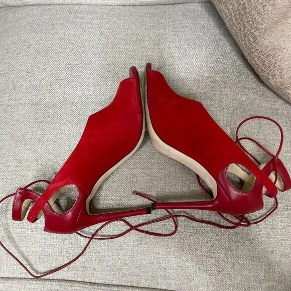 Jimmy Choo Heels EU 37.5 US 7 Macaw Pumps Suede Lace Up Slingback Red Classic