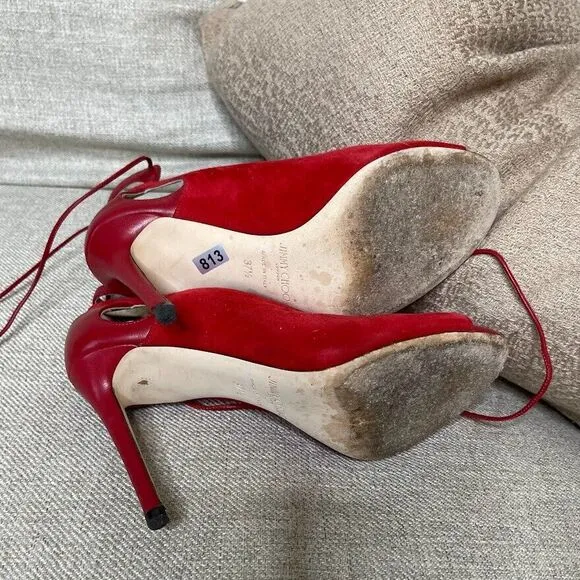 Jimmy Choo Heels EU 37.5 US 7 Macaw Pumps Suede Lace Up Slingback Red Classic