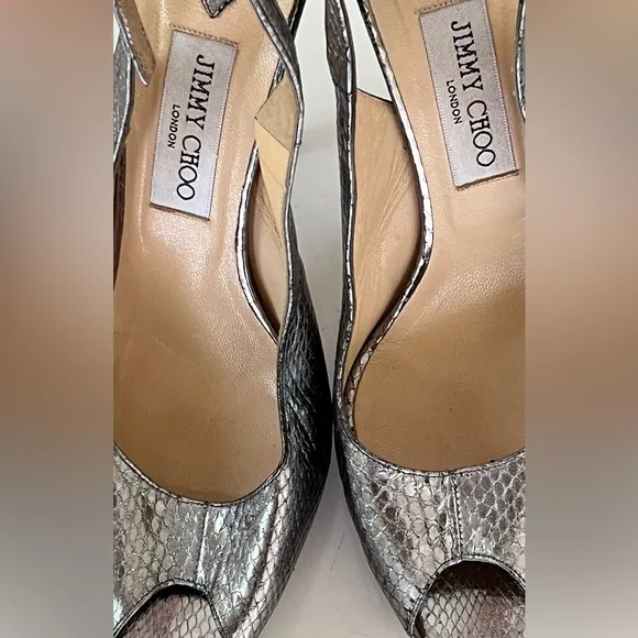 JIMMY CHOO London Metallic Silver Watersnake Slingback Pumps Heels
