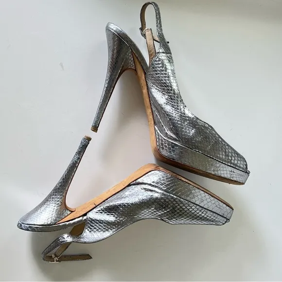 JIMMY CHOO London Metallic Silver Watersnake Slingback Pumps Heels