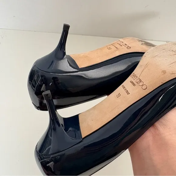Jimmy Choo Navy Pointed Toe Pumps Kitten Heel Patent Leather Size 39