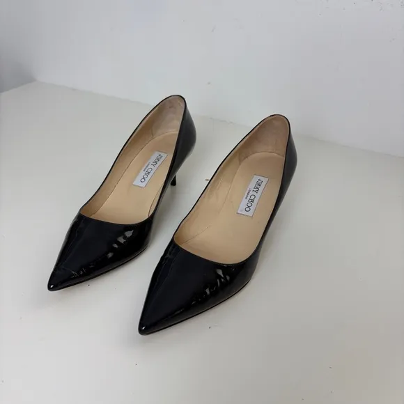 Jimmy Choo Navy Pointed Toe Pumps Kitten Heel Patent Leather Size 39