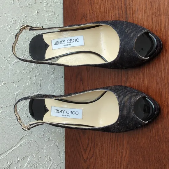 Jimmy Choo Nova 100 Copper Metallic Fabric Peep Toe Ankle Strap Heels Size 7.5
