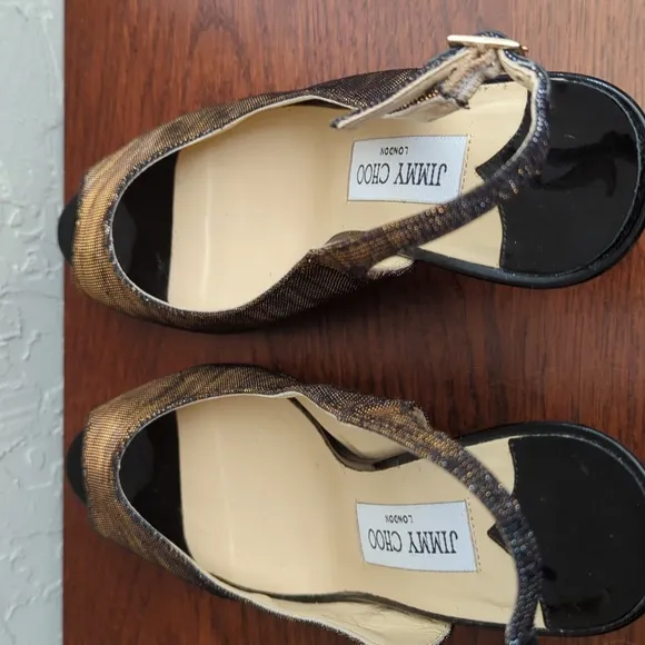 Jimmy Choo Nova 100 Copper Metallic Fabric Peep Toe Ankle Strap Heels Size 7.5