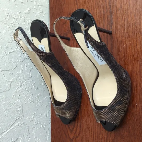 Jimmy Choo Nova 100 Copper Metallic Fabric Peep Toe Ankle Strap Heels Size 7.5