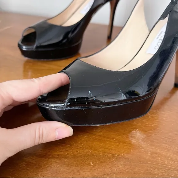 Jimmy Choo • Nova 100 slingback peep toe heels nude patent leather stiletto