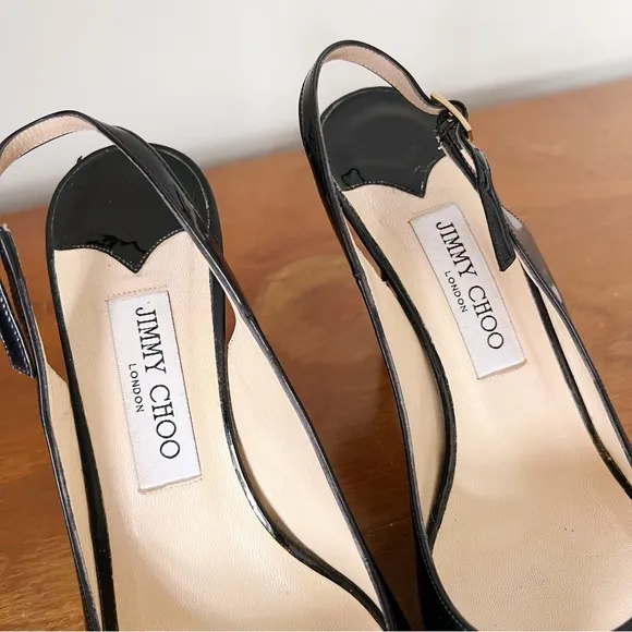 Jimmy Choo • Nova 100 slingback peep toe heels nude patent leather stiletto