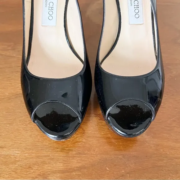 Jimmy Choo • Nova 100 slingback peep toe heels nude patent leather stiletto