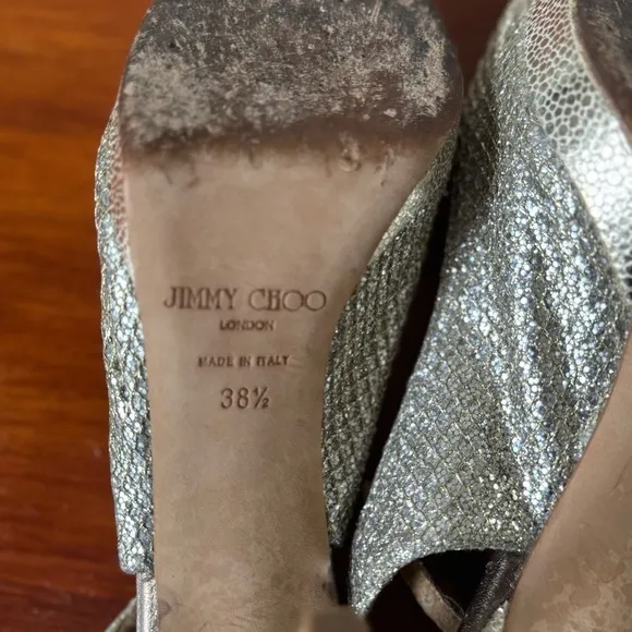 Jimmy Choo Nova Champagne Gold Glitter Slingback Peep Toe Heels 38 1/2