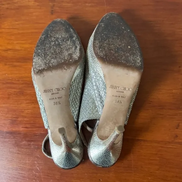 Jimmy Choo Nova Champagne Gold Glitter Slingback Peep Toe Heels 38 1/2