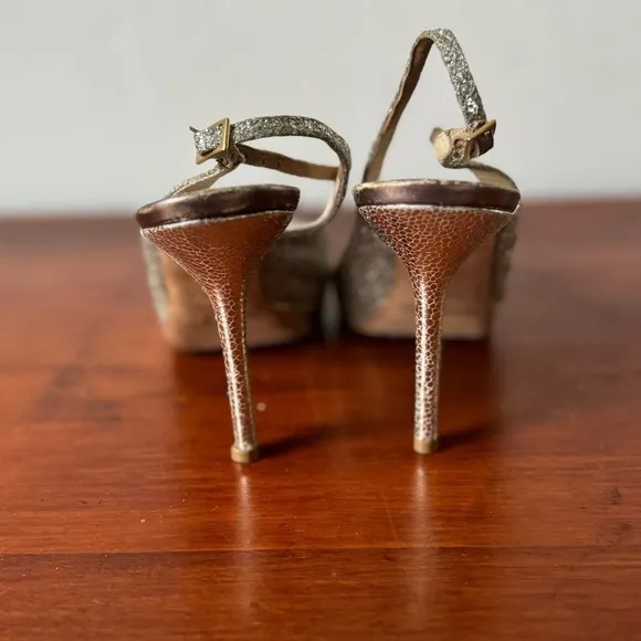 Jimmy Choo Nova Champagne Gold Glitter Slingback Peep Toe Heels 38 1/2