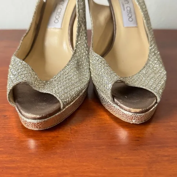 Jimmy Choo Nova Champagne Gold Glitter Slingback Peep Toe Heels 38 1/2