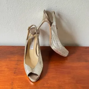 Jimmy Choo Nova Champagne Gold Glitter Slingback Peep Toe Heels 38 1/2
