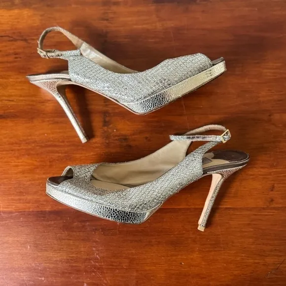 Jimmy Choo Nova Champagne Gold Glitter Slingback Peep Toe Heels 38 1/2