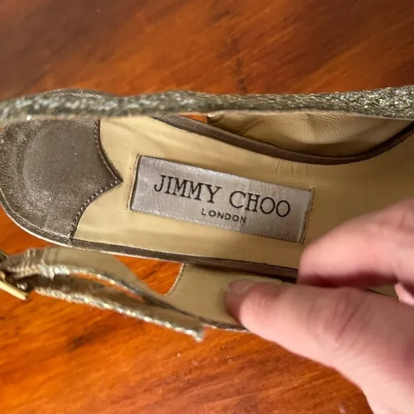 Jimmy Choo Nova Champagne Gold Glitter Slingback Peep Toe Heels 38 1/2