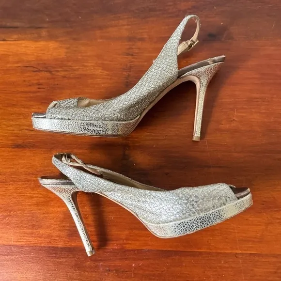 Jimmy Choo Nova Champagne Gold Glitter Slingback Peep Toe Heels 38 1/2