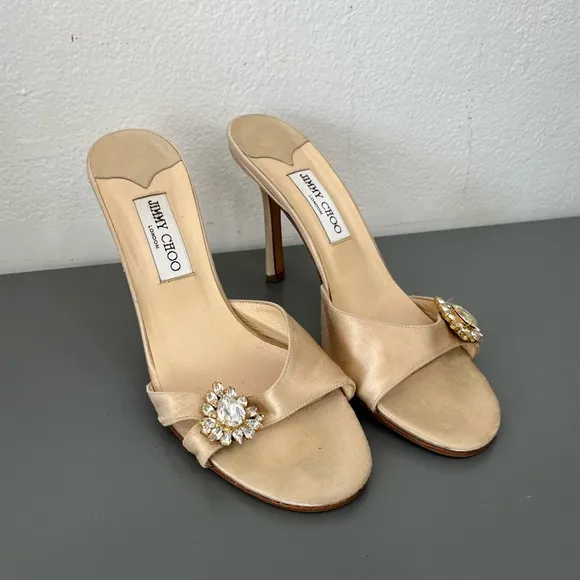 JIMMY CHOO Nude Satin Mules With Rhinestones Size 40