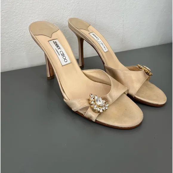 JIMMY CHOO Nude Satin Mules With Rhinestones Size 40