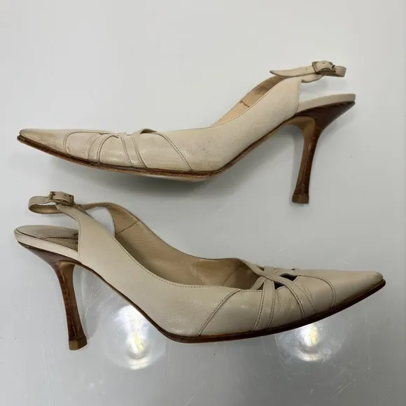 Jimmy Choo Off White Leather Pointed Toe Slingback Heels Made in Italy Size 39