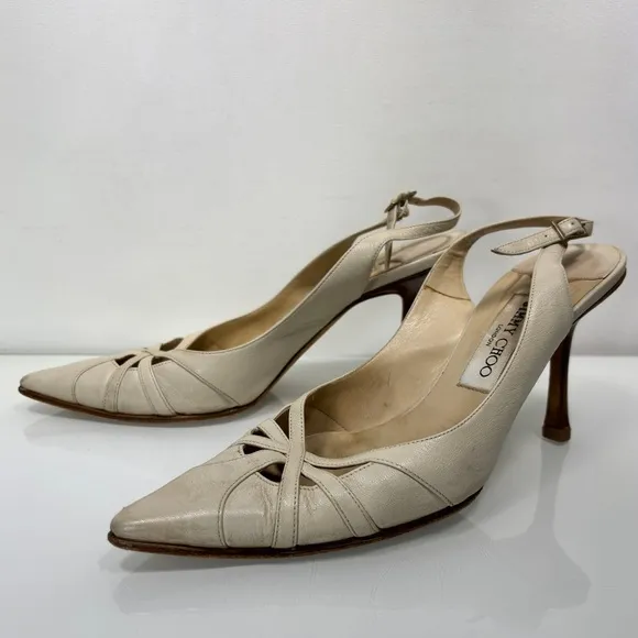 Jimmy Choo Off White Leather Pointed Toe Slingback Heels Made in Italy Size 39