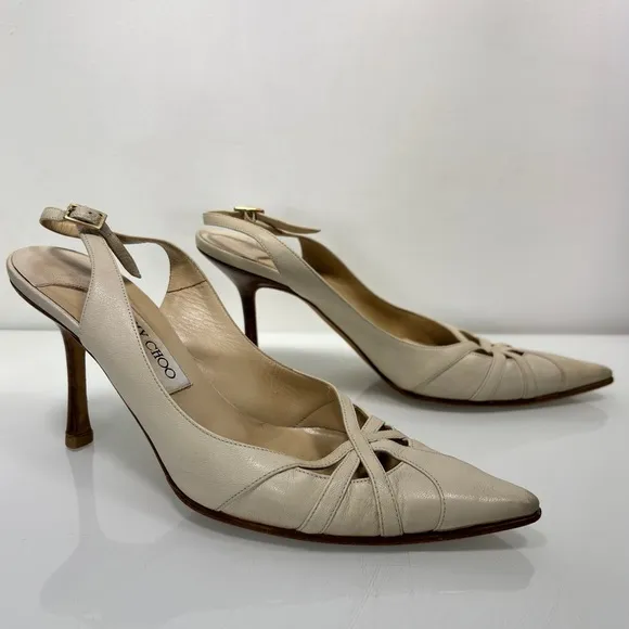Jimmy Choo Off White Leather Pointed Toe Slingback Heels Made in Italy Size 39