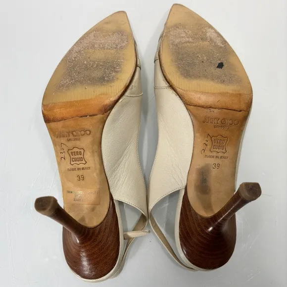 Jimmy Choo Off White Leather Pointed Toe Slingback Heels Made in Italy Size 39