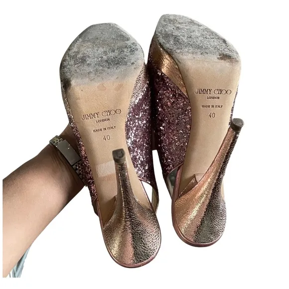 JIMMY CHOO Rose Glitter Peep Toe Slingback Heels