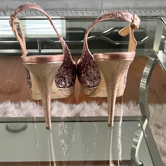 JIMMY CHOO Rose Glitter Peep Toe Slingback Heels