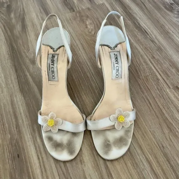 Jimmy Choo Satin Peau De Soie Slingback Heels Beaded Flower