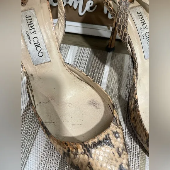 Jimmy Choo Snakeskin Slingback Pumps Cream/Gray Size 40 Pointed Toe Heels