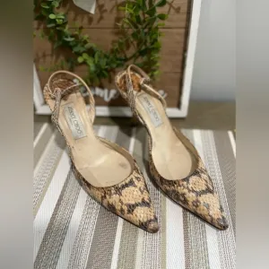 Jimmy Choo Snakeskin Slingback Pumps Cream/Gray Size 40 Pointed Toe Heels
