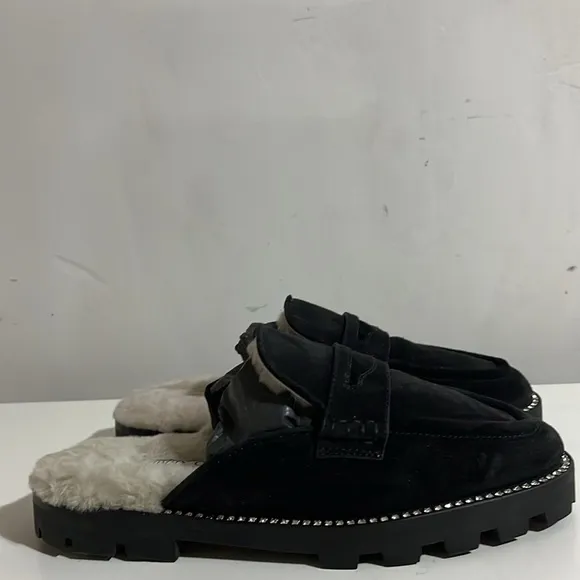 JIMMY CHOO Suede Shearling Ronnie Flat Mules 37 Slip-On Loafers with Fur Lining