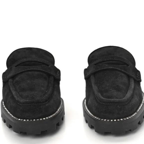 JIMMY CHOO Suede Shearling Ronnie Flat Mules 37 Slip-On Loafers with Fur Lining