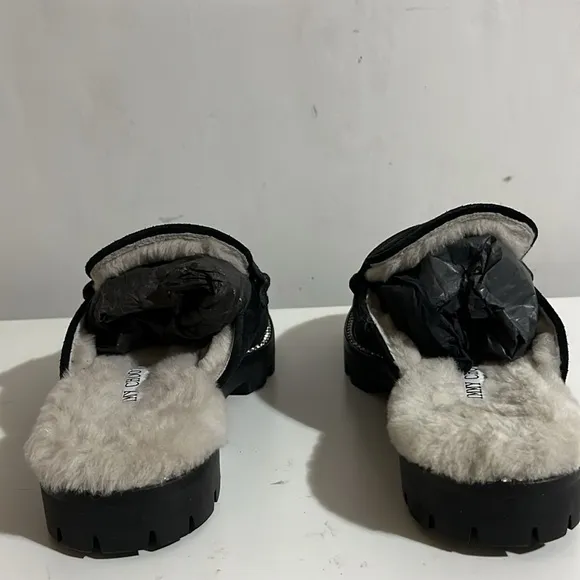 JIMMY CHOO Suede Shearling Ronnie Flat Mules 37 Slip-On Loafers with Fur Lining