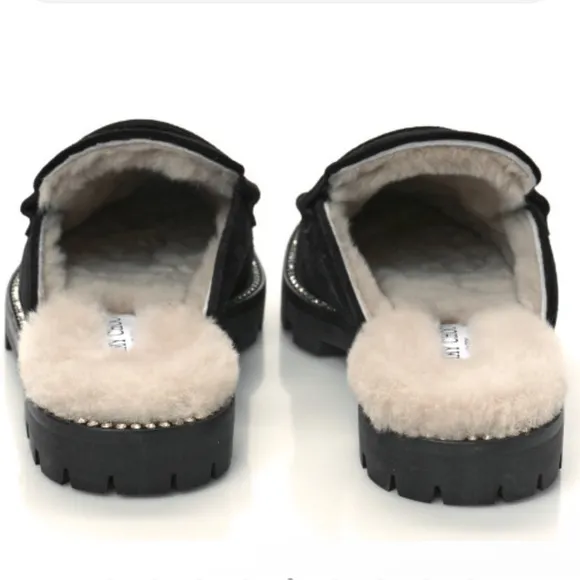 JIMMY CHOO Suede Shearling Ronnie Flat Mules 37 Slip-On Loafers with Fur Lining