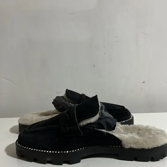 JIMMY CHOO Suede Shearling Ronnie Flat Mules 37 Slip-On Loafers with Fur Lining