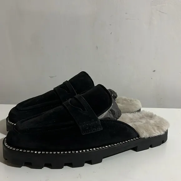 JIMMY CHOO Suede Shearling Ronnie Flat Mules 37 Slip-On Loafers with Fur Lining